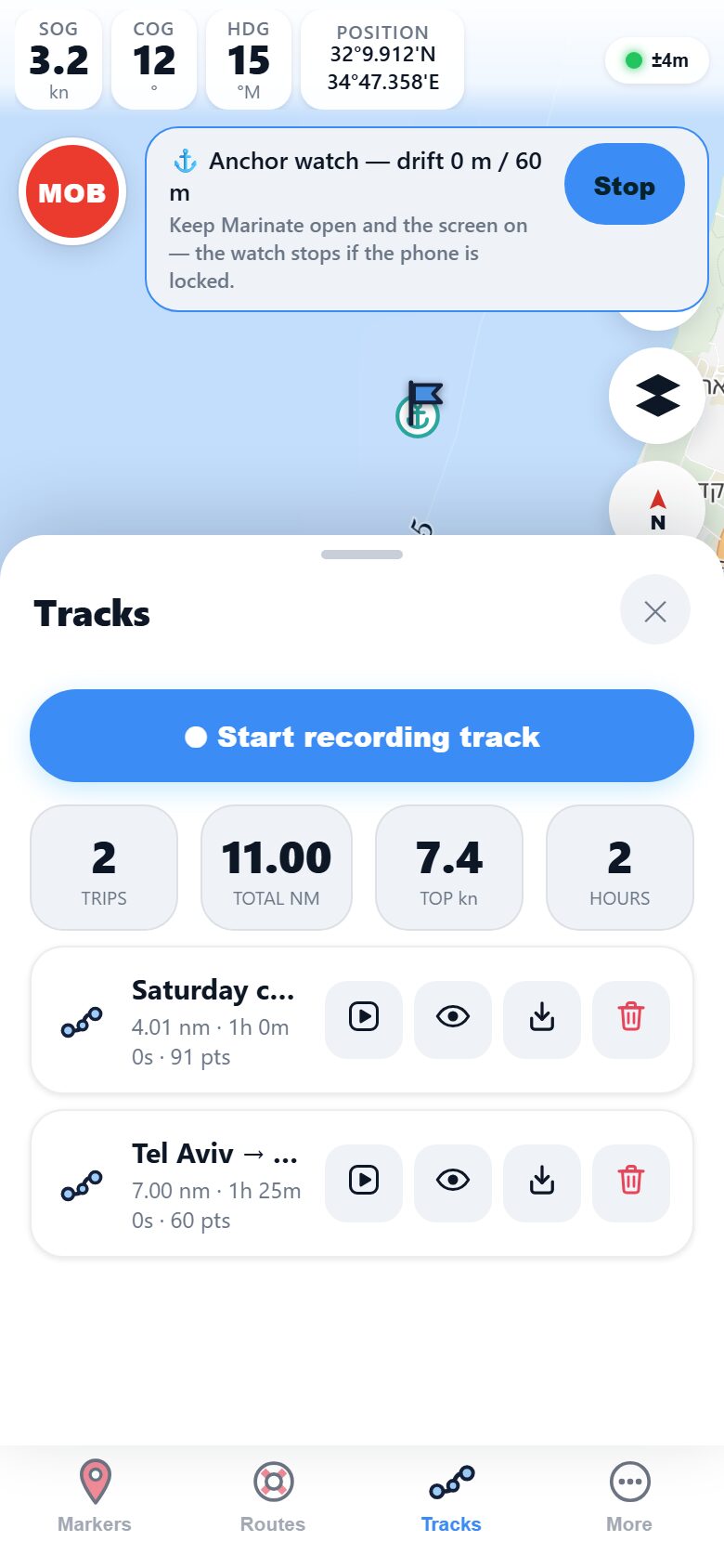 Marinate trip logbook: season totals of 24 trips, 412 nautical miles, 9.8 knots top speed and 86 hours, above the list of recorded tracks with replay and GPX export buttons