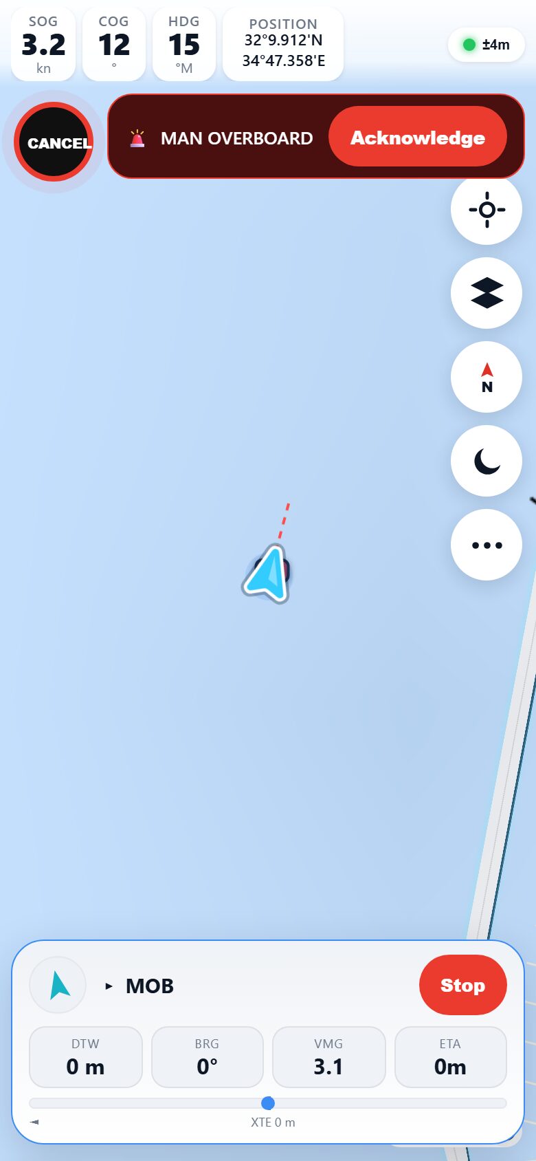Marinate MOB mode: man-overboard mark on the chart with auto-return navigation showing bearing and distance back to the person
