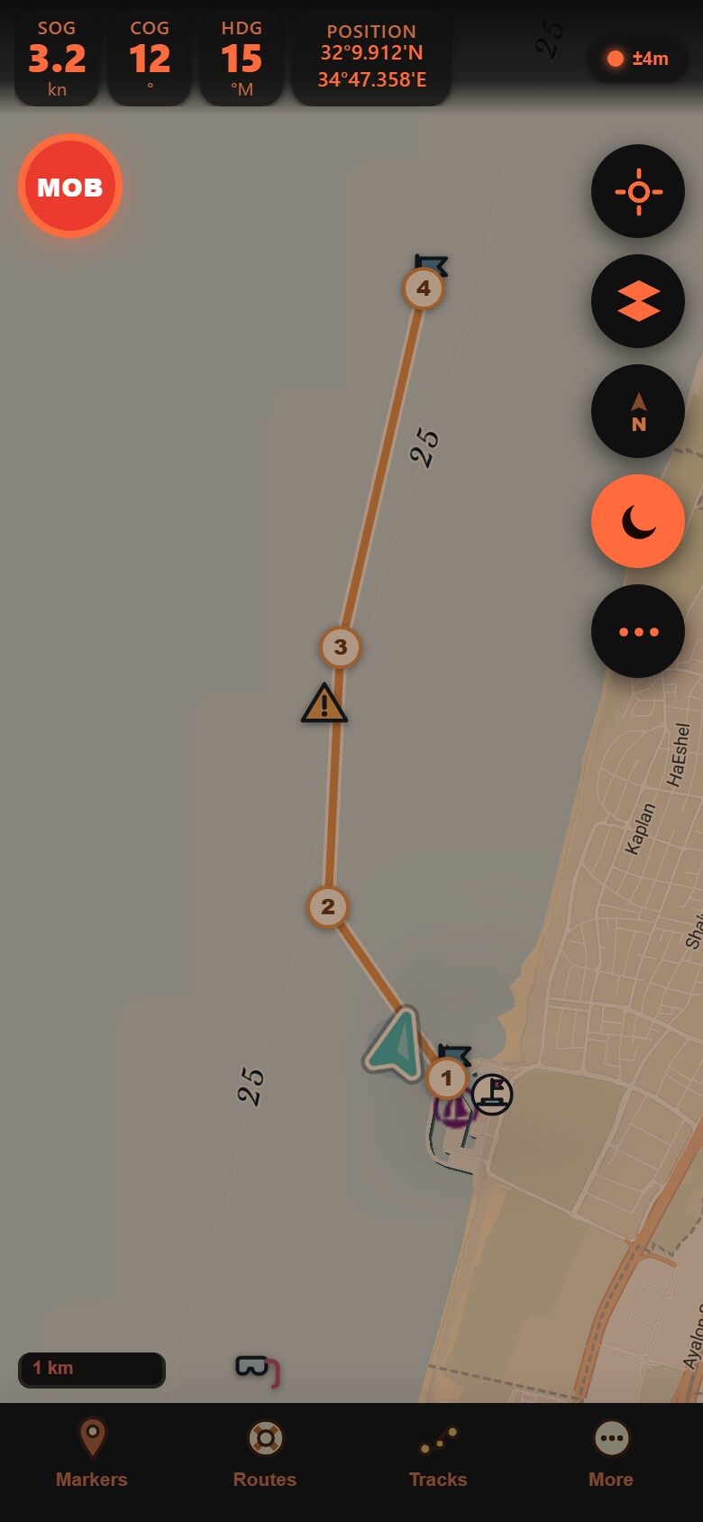 Marinate night mode over the Akko approaches: the chart, harbour lights and route dimmed to a red-shifted palette that preserves night vision