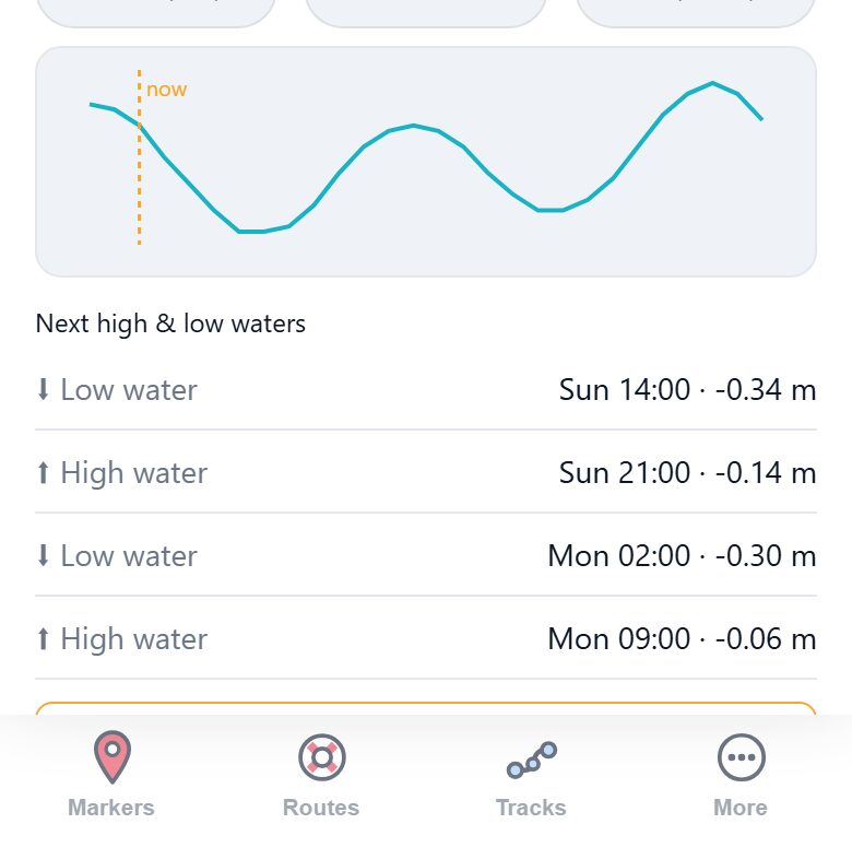 Marinate tides and currents sheet: tide height, current speed and set for a position off Gibraltar, a tide curve marked at the present moment, and the times and heights of the next high and low waters